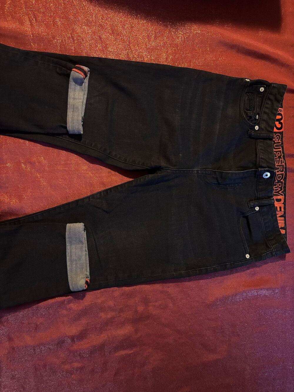 Superdry Jeans Mens 34x30 Travis Skinny Black Cuffed Distressed Stretch Denim